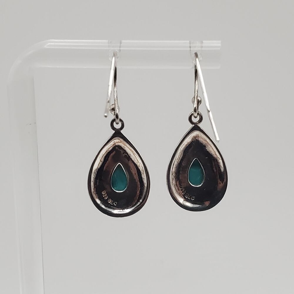 SLC 925 Vintage Sterling Silver Marcasite Turquoise Dangle Earrings Teardrop - Picture 2 of 9